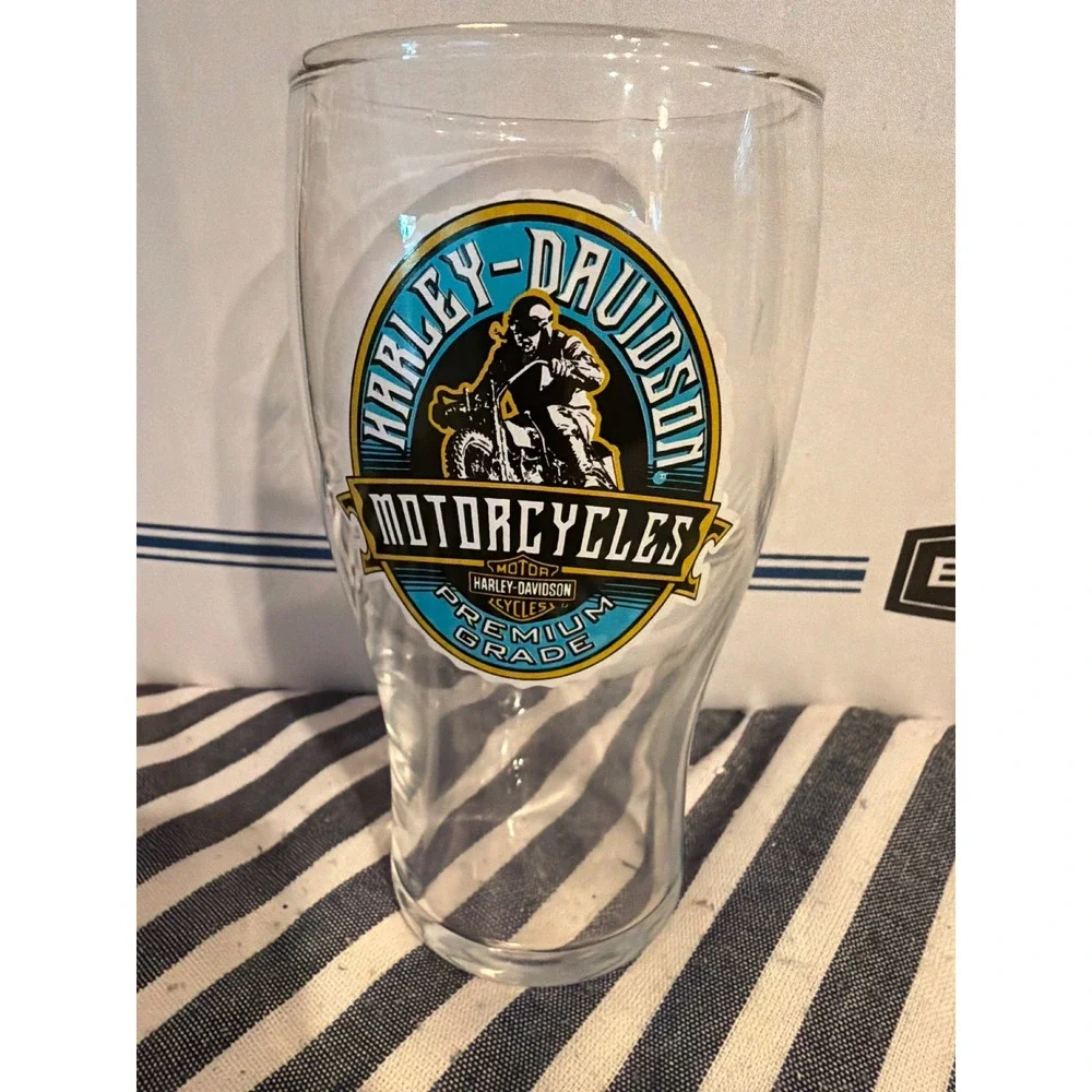 Harley Davidson Motorcycles Premium Grade Pint Glass Blue Yellow Graphic Clear